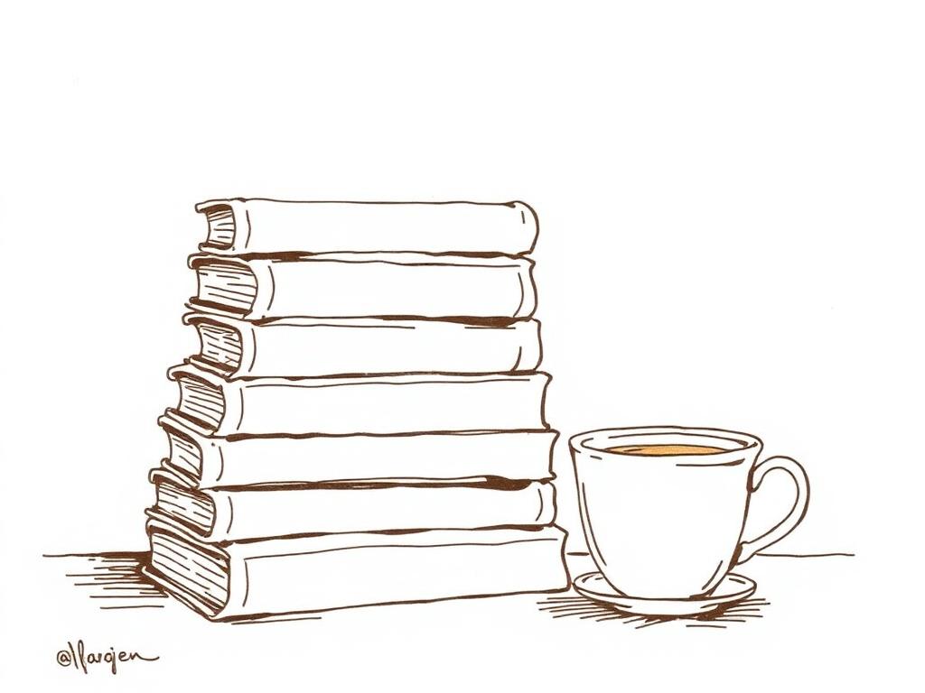 Hand-drawn stack of books and a cup of tea